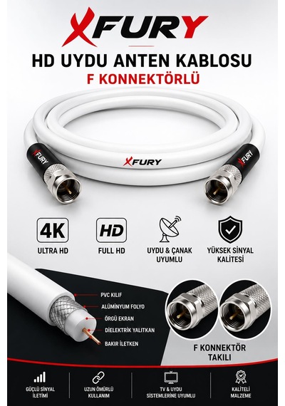 Fury Hd Uydu Anten Kablosu 2 Metre F Konnektörlü Full Hd 4k Tv Kablosu