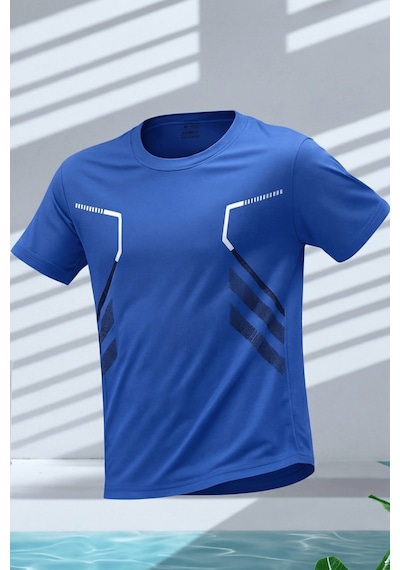 Genius Store Erkek Spor Tişört Antreman Gym Polyester Erkek Sporcu T-shirt Şeritli-tişört Mavi