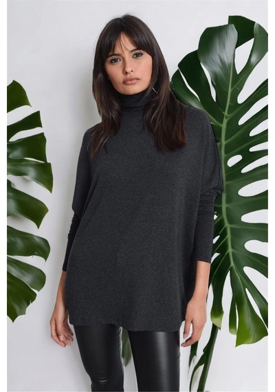 WeShaya Kadın Antrasit Yeni Moda Uzun Kol Oversize Kesim Basic Örme Bluz Antrasit