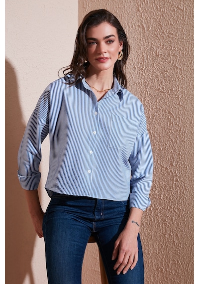 Lela Regular Fit Çizgili Göğüs Cepli Dokulu Bayan Gömlek 6772870 Indigo