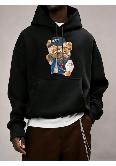 Startmore Startmoregentleman Tech Control Teddy Bear Baskılı Erkek Cep Polar Uzun Kollu Sonbahar Renkli Spor Giy Siyah
