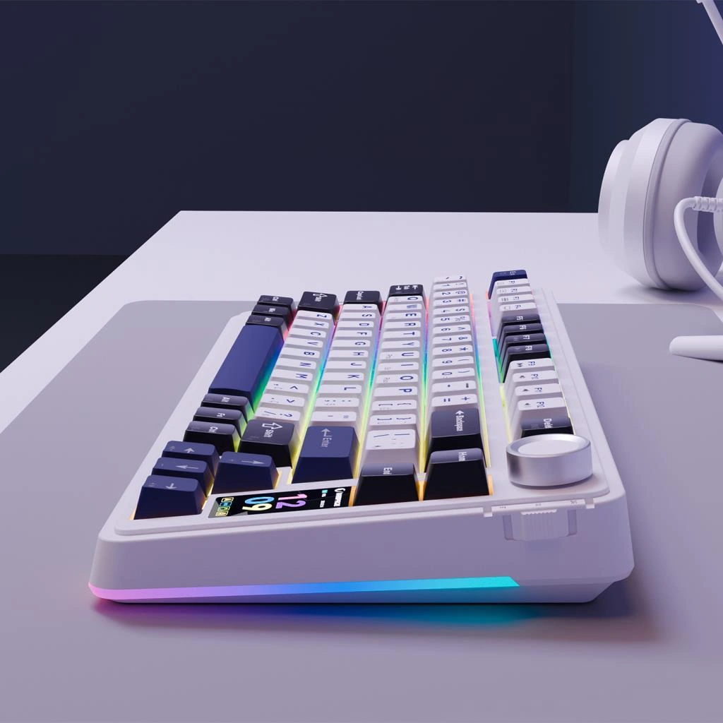 Rampage Quell Pro Dijital Ekranlı Beyaz Hot Swap 2.4g + Bt Wireless Rgb Gasket Oil Switch Türkçe Q Pbt Keycaps Mekanik Klavye