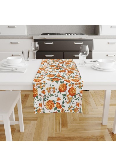 Orange Lotus Runner 140x45cm Ince Keten, Uluslararası Yıkama Ve Solmama Sertifikası Çok Renkli