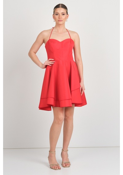 Saygın Kadın Boyundan Bağlamalı Kalp Yaka Mini Abiye Elbise 5621 Kırmızı Kırmızı