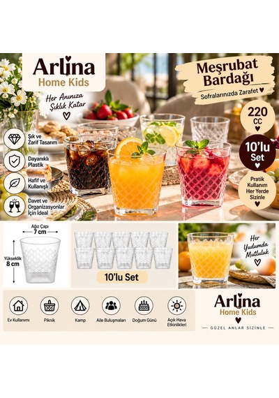 220 Cc Kare Desenli Plastik Meşrubat Bardağı 10 Lu Paket Beyaz