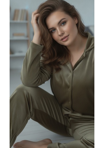 Estiva Kadın Önden Düğmeli Büyük Beden Kadife Pijama Takımı Haki
