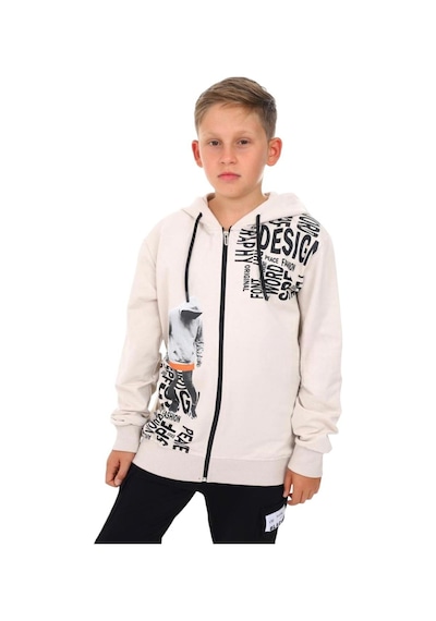 Ekkokids Erkek Çocuk Kapüşonlu Adam Baskılı Yazılı Hırka-13384-taş