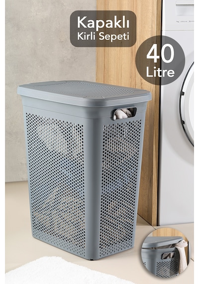 40 Litre Kirli Çamaşır Sepeti - Kapaklı Delik Detaylı Stash Slim Kirli Sepeti Banyo Organizer Gri Gri