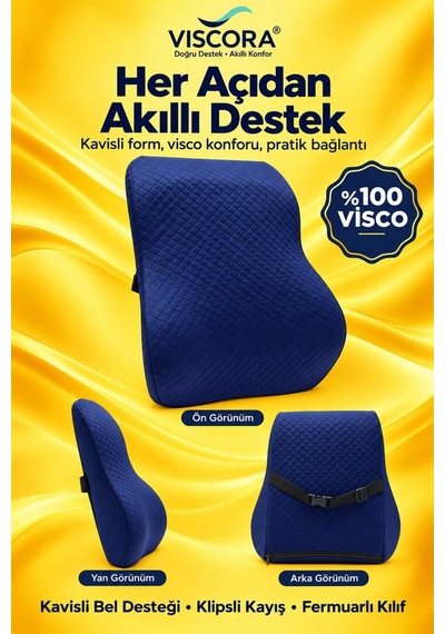 Araba Sırt Minderi Ofis Koltuk Sırt Minderi Ergonomik %100 Visco Klipsli Destek Yastığı, Lacivert