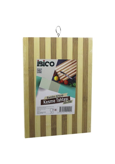 20 X 30 X 1.4cm Beyaz Çizgili Ahşap Bambu Kesim Panosu - Kesme Tahtası Metal Kulplu 12v