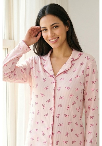 Mataş Kadın Pembe Çiçek Desenli Bambu Viskon Uzun Kollu Soft Örme Pijama Takımı