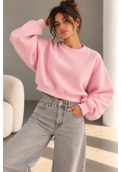 Bbbutikbasic 3 İplik Şardonlu Kısa Sweatshirt Bisiklet Yaka Kadın 3 İplik Şardonlu My3535 Pembe