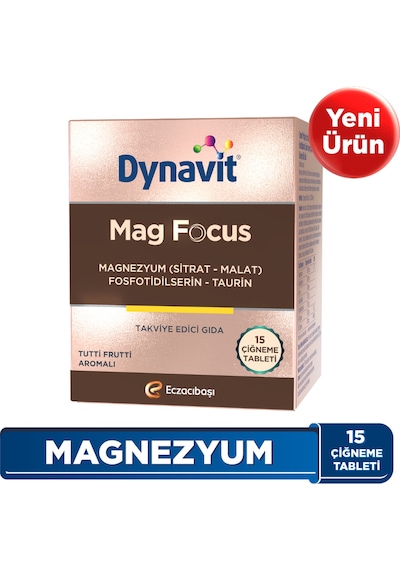 Dynavit Mag Focus 15 Çiğneme Tab - Magnezyum Malat & Sitrat, Fosfotidilserin, B6 & B12 Vitamini -