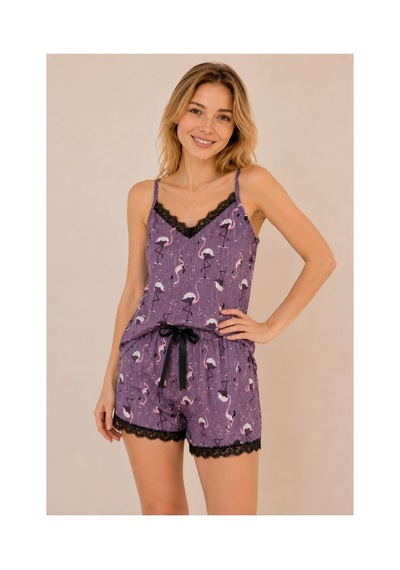 Rindahomewear Kadın İp Askılı Flamingo Desenli Pegasus Kumaş Şortlu Takım Çok Renkli