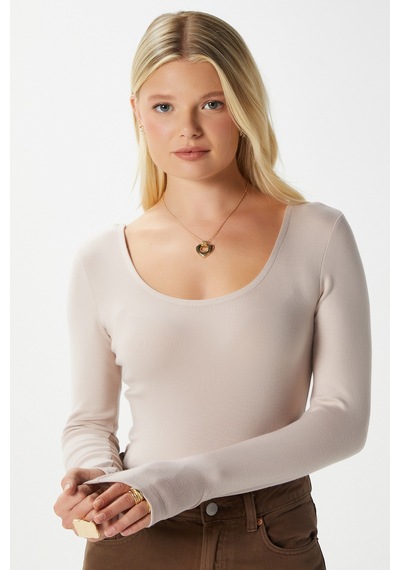 Ritnice Kadın Heat Lux Touch U Yaka Bej Uzun Kol Soft Bluz Bej