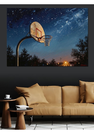 Ahşap Tablo Gece Altında Basketbol Potası Tablosu