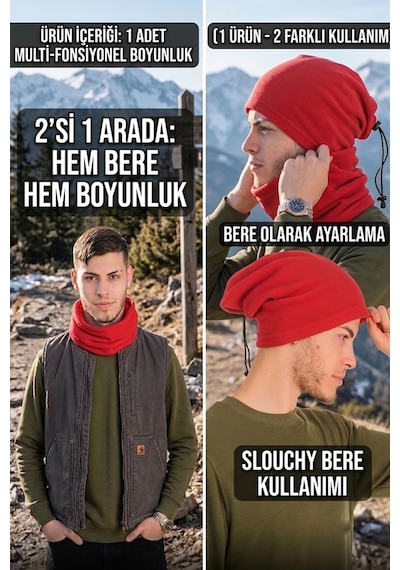 Ritagarcia Erkek Polar Boyunluk Bere 2'si 1 Arada İpli Ayarlanabilir Çok Amaçlı Kışlık Boyunluk Bere Kırmızı