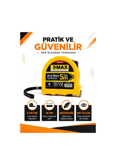 Dmax 3 Metre Şerit Metre 16 Mm Kompakt Ölçüm Metresi Ev Atölye Şantiye Kullanımı 3 M
