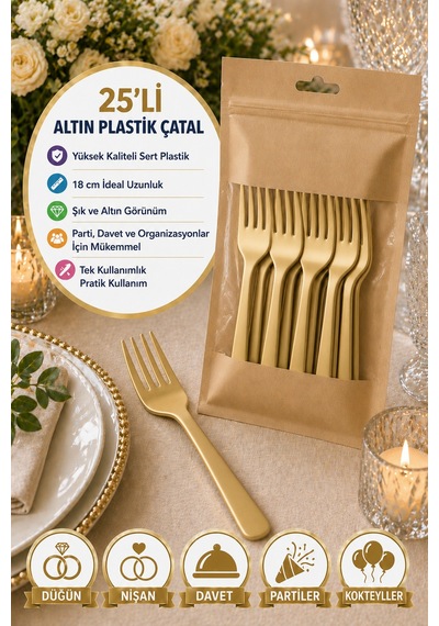 25 Li Altın Plastik Çatal 18 Cm Sert Tek Kullanımlık