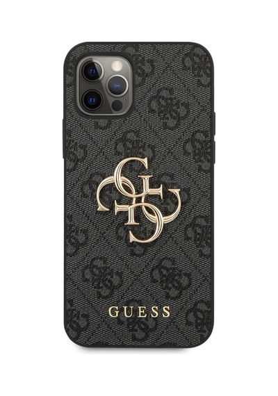 Apple Uyumlu iPhone 12 Pro Max Kılıf Guess Lisanslı Pu Deri Büyük Metal Logo Dizaynlı Kapak Gri