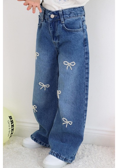 Breeze Kız Çocuk Jean Pantolon İnci Detaylı Fiyonk İşlemeli 5-9 Yaş, Mavi Mavi