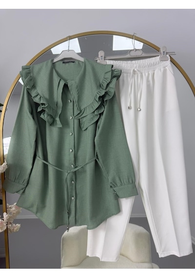 Lovie Moda Fırfır Yaka Bağcıklı Tunik Pantolonlu Takım Yeşil