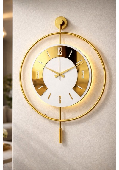 Pey Aksesuar 50x70 Cm Metal Pleksi Ahşap Ve Işığın Muhteşem Uyumu Duvar Saati Dekoratif M54-gold-beyaz-goldpleksi