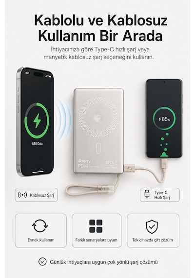 Ym307 10000 Mah Manyetik Kablosuz Powerbank 25w Pd Hızlı Şarj, 15w Kablosuz Şarj Ve 360 Döner Stand Gri