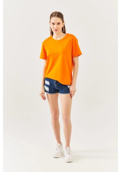 Kadın Oversize Rahat %100 Pamuklu Penye Bisiklet Yaka Kısa Kol Basic T-shirt Turuncu