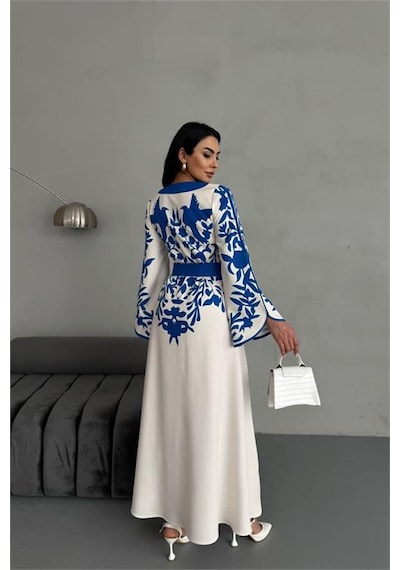 Neşeli Butik Kadın Atlas Kumaş Düğme Detaylı Elbise Nbms2507 Mavi