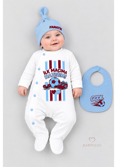 Babyden's 3'lü Bebek Tulum Seti %100 Pamuk Taraftar Temalı Bordo Mavi İlk Maçıma Hazırım Baskılı Şapka Önlük Seti Bordo - Mavi