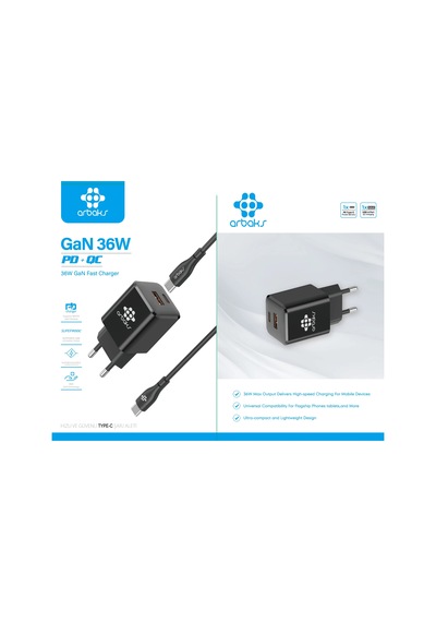 Gan Teknoloji 36w Pd Type-c To Type-c Şarj Kablosu - Arb-016 Siyah