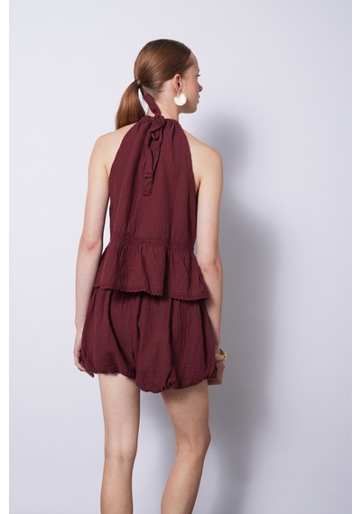 Dantel Detaylı Müslin Top Bordo
