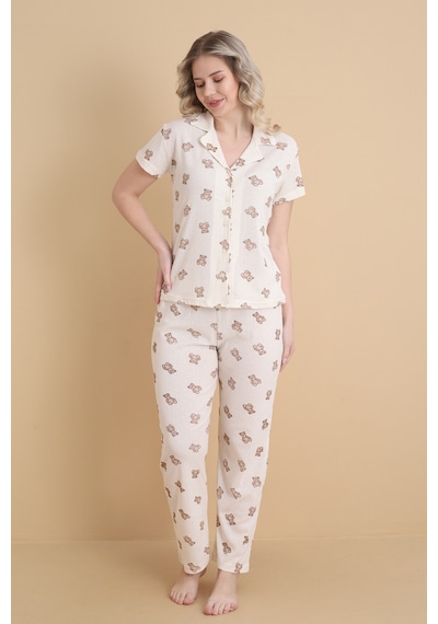 Wordex Mirano 1707 Ayıcık Desenli Pointel İnce Kumaş Düğmeli Kısa Kollu Kadın Pijama Takımı Ekru Wordex Mirano 1707 Ayıcık Desenli Pointel İnce Kumaş Düğmeli Kısa Kollu Kadın Pijama Takımı Ekru