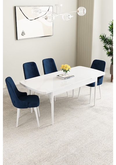 Mabel Beyaz 80x132 Açılabilir Yemek Odası Takımı 4 Adet Sandalye Krem