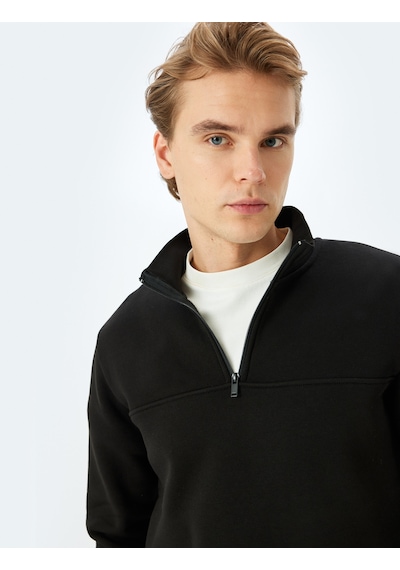 Koton Uzun Kollu Pamuk Karışımlı Basic Yarım Fermuarlı Sweatshirt Siyah 5wam70255mk Siyah