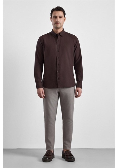 Süvari Koyu Kahve Slim Düğmeli Yaka Düz Casual Gömlek Gm2008000264-kh9