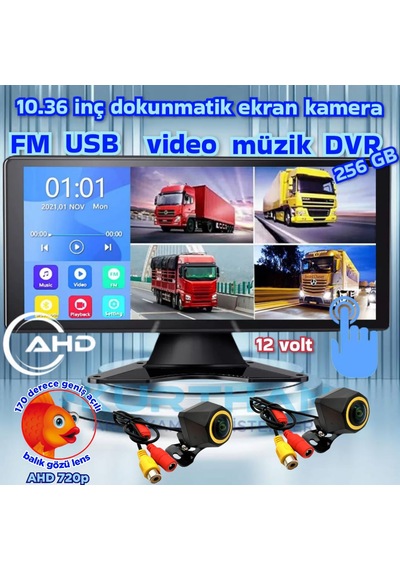 2 Adet Balık Gözü 720p Ahd 170'' Kamera Dokunmatik 10.36'' Video Müzik Dvr Ekran Seti 12 V
