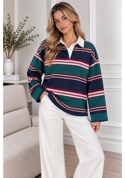 Lima Çok Renkli Kadın Yeşil Lacivert Pembe Çizgili Polo Yaka Oversize Uzun Kollu Sweatshirt Lima Çok Renkli Kadın Yeşil Lacivert Pembe Çizgili Polo Yaka Oversize Uzun Kollu Sweatshirt