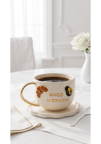 Good Morning El Yapımı Seramik Kupa 24k Altın Detaylı Çok Renkli