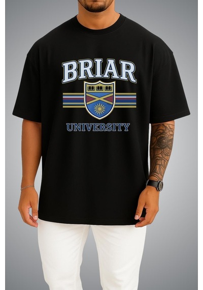 Bahriyeli Collection Oversize Off Campus Briar University Göğüs Baskılı Beyaz Unisex T-shirt Siyah