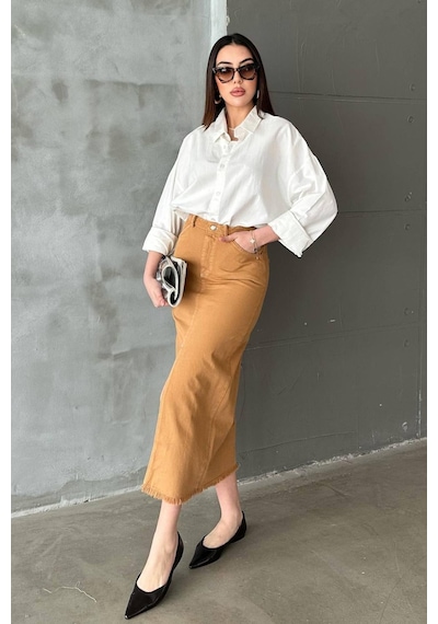 Alemdarshop Camel Gabardin Boyamalı Püsküllü Etek