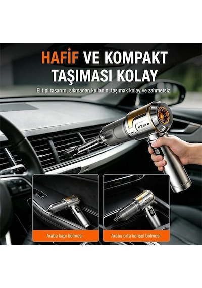 Nanovac 20000pa Güçlü Portatif Vakumlu Kablosuz Üflemeli Mini Araç Süpürgesi, Gümüs