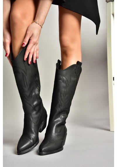 Fox Shoes T404401209 Siyah Kovboy Model Kadın Çizme Siyah-Suni Deri