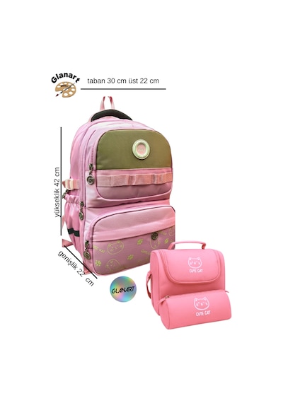 Ful Astarlı 5 Bölmeli İlk Öğretim Çantası Termoslu Beslenme+ Kalemlik Set . Su Geçirmez Kumaş Açık Pembe