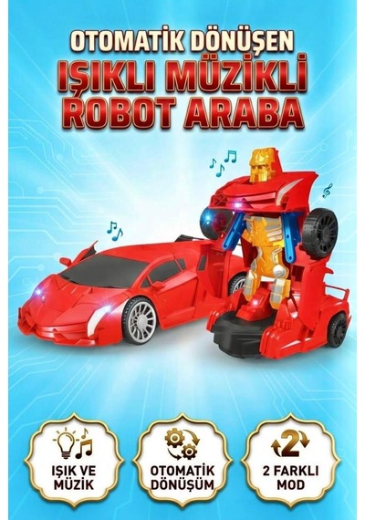 TıfılToys Eğitici Ve Eğlenceli Işıklı Kendinden Robota Dönüşen 15 Cm 2'si 1 Arada Araba Kırmızı Oyuncak Araba Çok Renkli