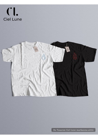 Nevermind Unisex Ateş Ve Su Baskılı Sevgili Çift Kombini Tasarım Oversize T Beyaz