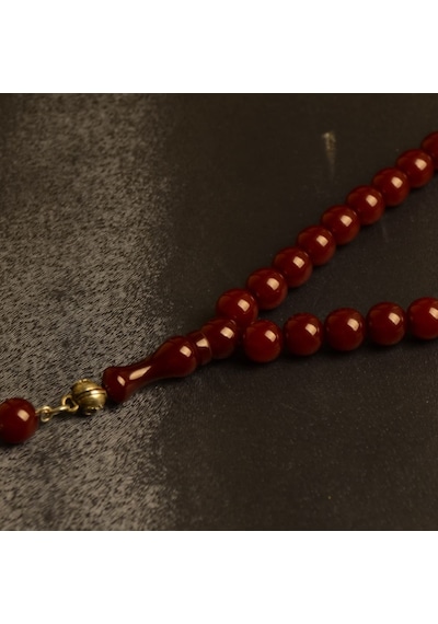 Küre Kesim 9x8 Mm Sıkma Kehribar Alpaka Püsküllü Tesbih Bordo