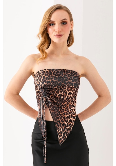 Giysa Kadın Büzgülü Asimetrik Kesim Straplez Bluz Leopar - 2453 LEOPAR