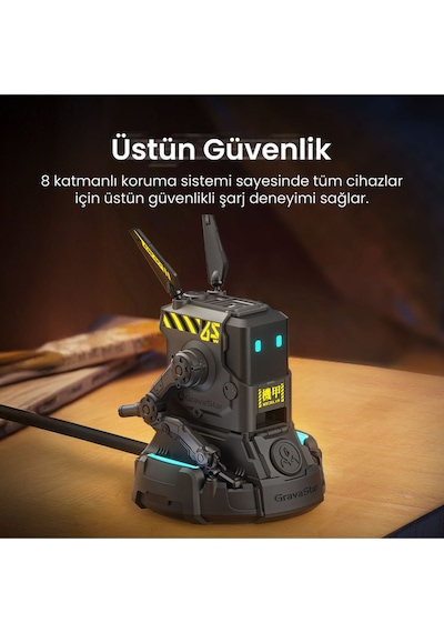 Gravastar Alpha65 Robot Figürlü 65w Hızlı Şarj Adaptörü Ve Şarj Standı, Gri